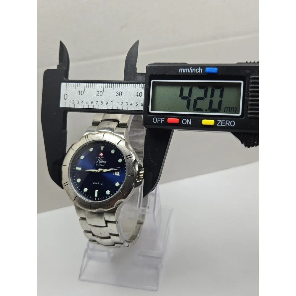 Hilton Swiss Mens Blue Dial Quartz Silver Bracelet Date Sports Watch New Battery